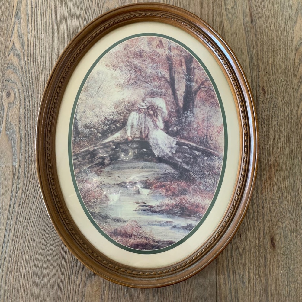 Vintage 1980 Romantic Couple Bridge Oval Wood Framed Art Print 18x14 Victorian
